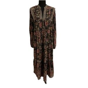 Sea Womens Size Medium Tess Maxi Dress Floral Boho Prairie Long Sleeves V Neck